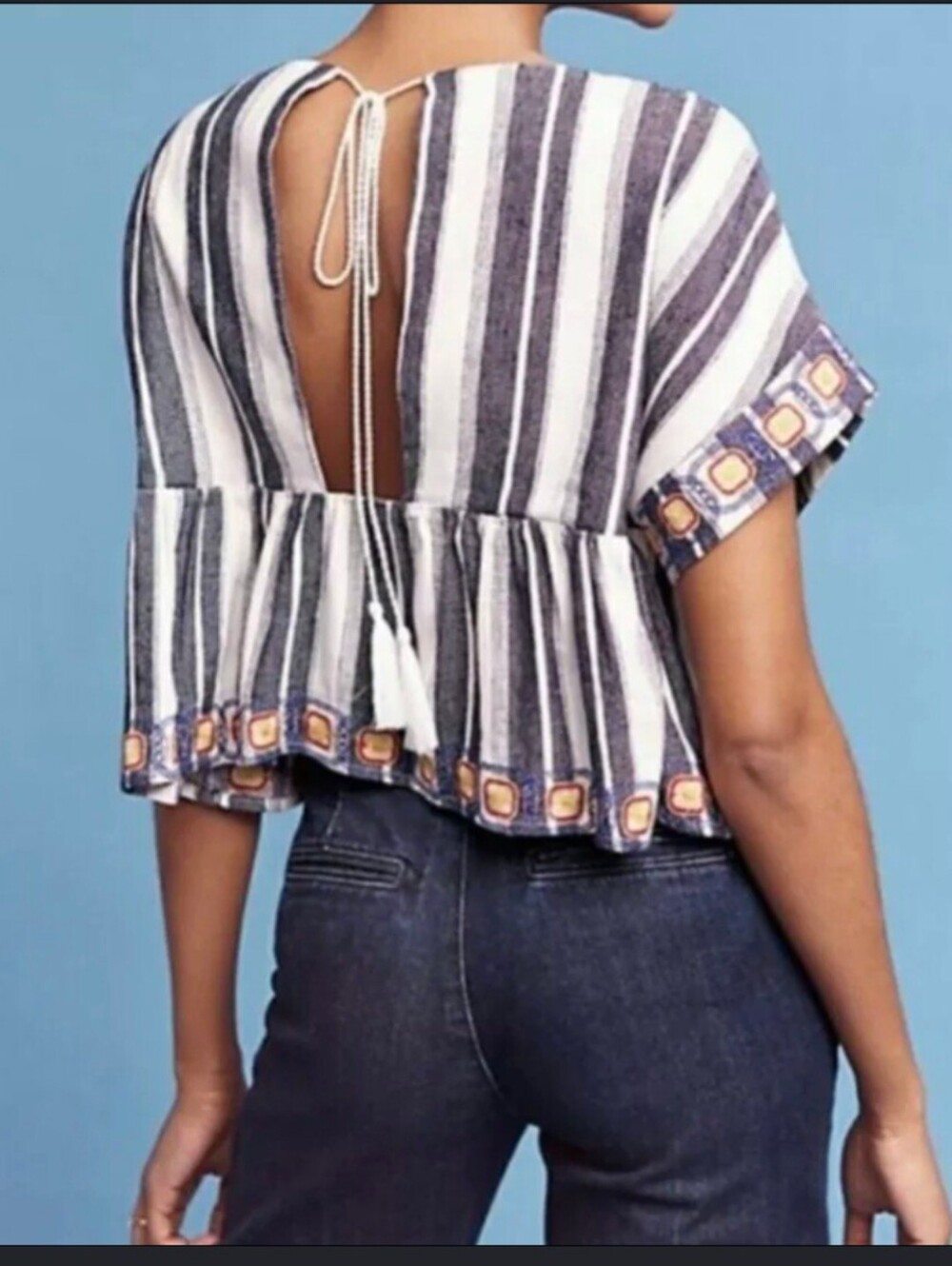 Maeve Navy and White Striped Short-Sleeve Peplum Top with Orange Trim - Picture 3 of 7